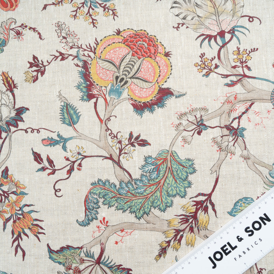 Multi-Coloured Floral Printed Oatmeal Linen