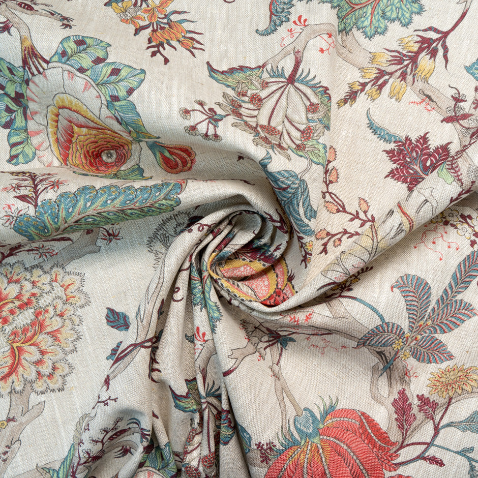 Multi-Coloured Floral Printed Oatmeal Linen