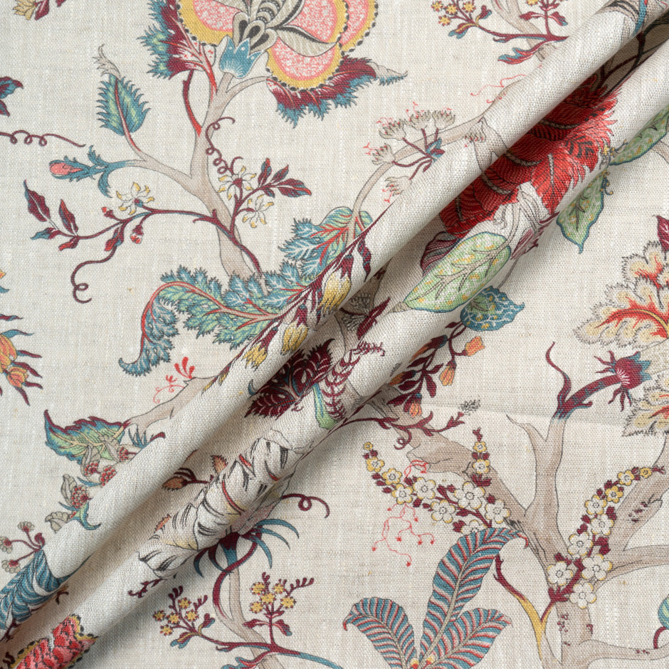 Multi-Coloured Floral Printed Oatmeal Linen