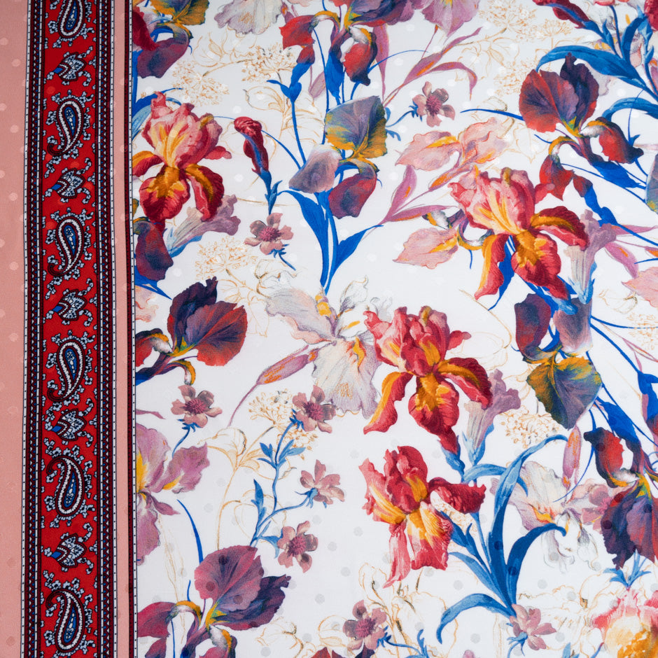 Cherry & Blue Floral Printed Silk Jacquard