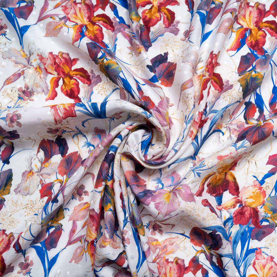 Cherry & Blue Floral Printed Silk Jacquard