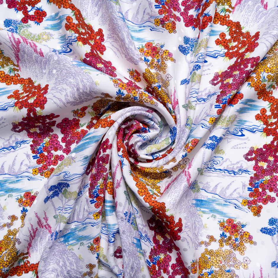 Vibrant Multi Floral Printed Spot Jacquard Silk