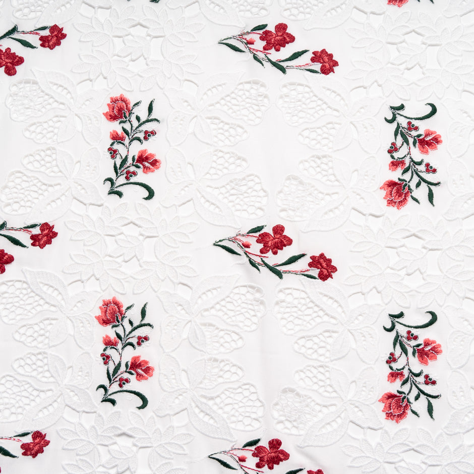 Red & Pink Floral Embroidered White Broderie Anglaise