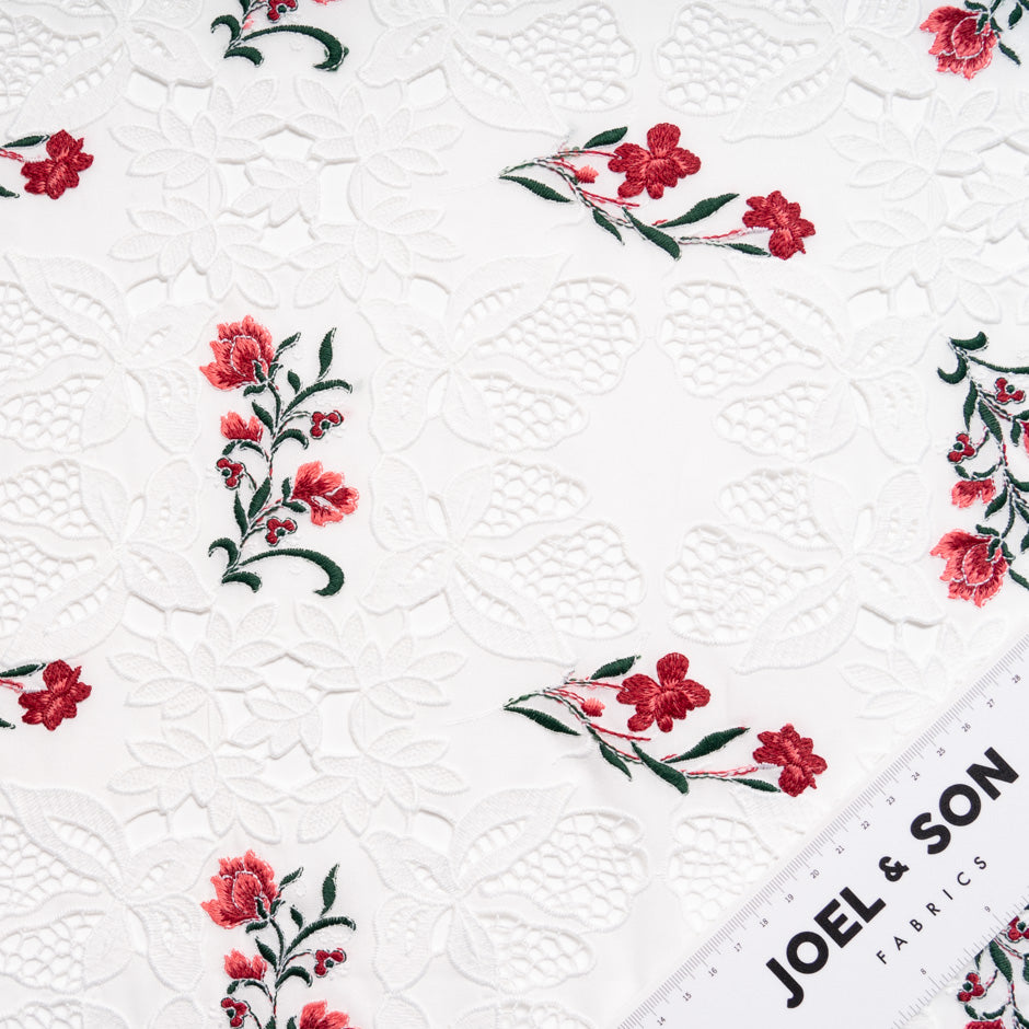 Red & Pink Floral Embroidered White Broderie Anglaise