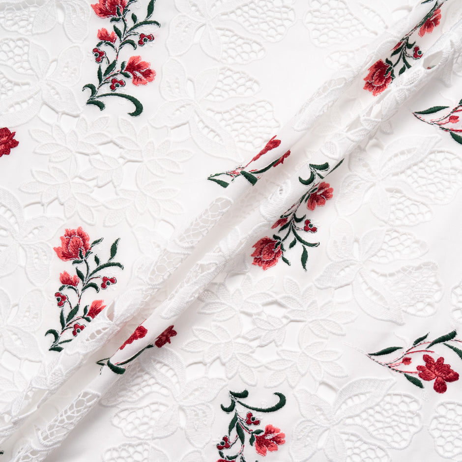 Red & Pink Floral Embroidered White Broderie Anglaise