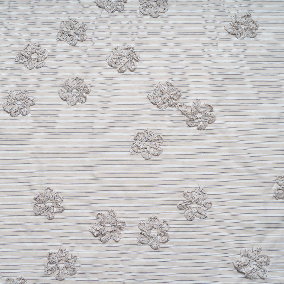 Beige & White Striped Embroidered Cotton
