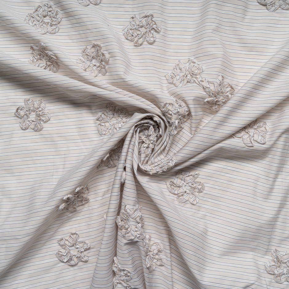 Beige & White Striped Embroidered Cotton