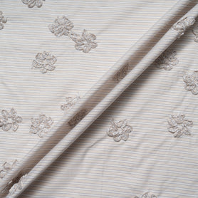 Beige & White Striped Embroidered Cotton