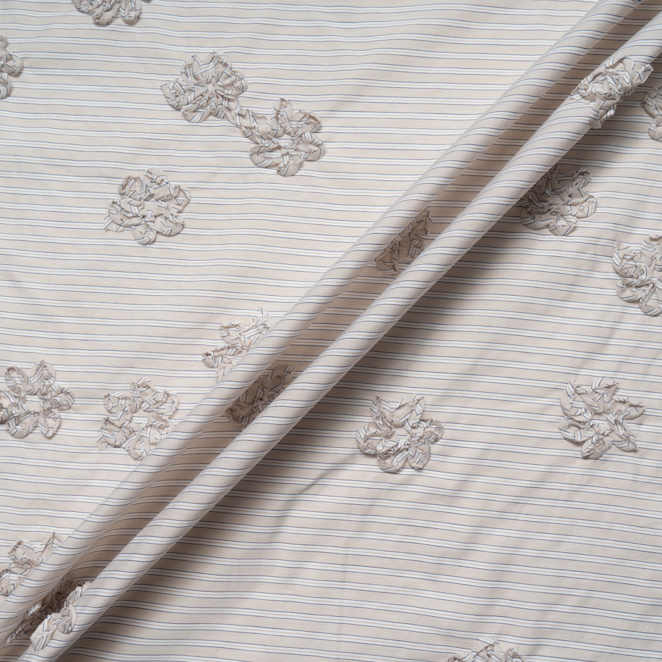 Beige & White Striped Embroidered Cotton