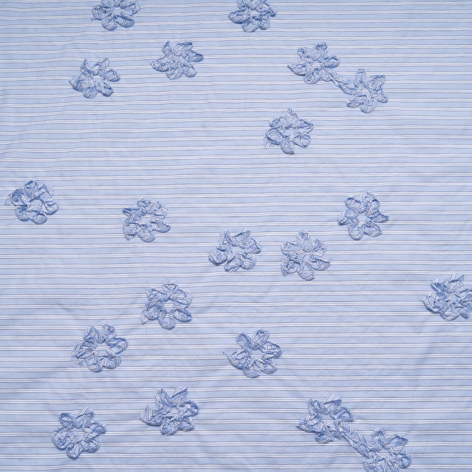 Blue & White Striped Embroidered Cotton