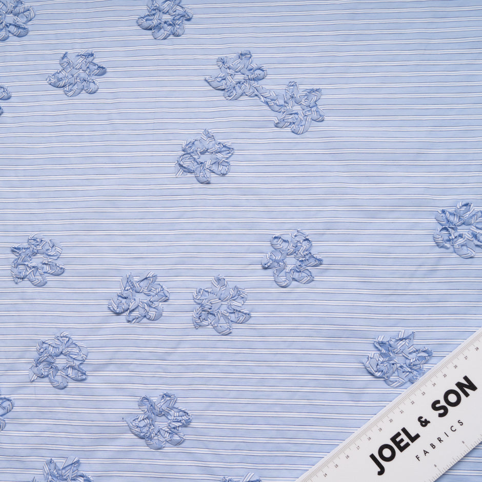 Blue & White Striped Embroidered Cotton