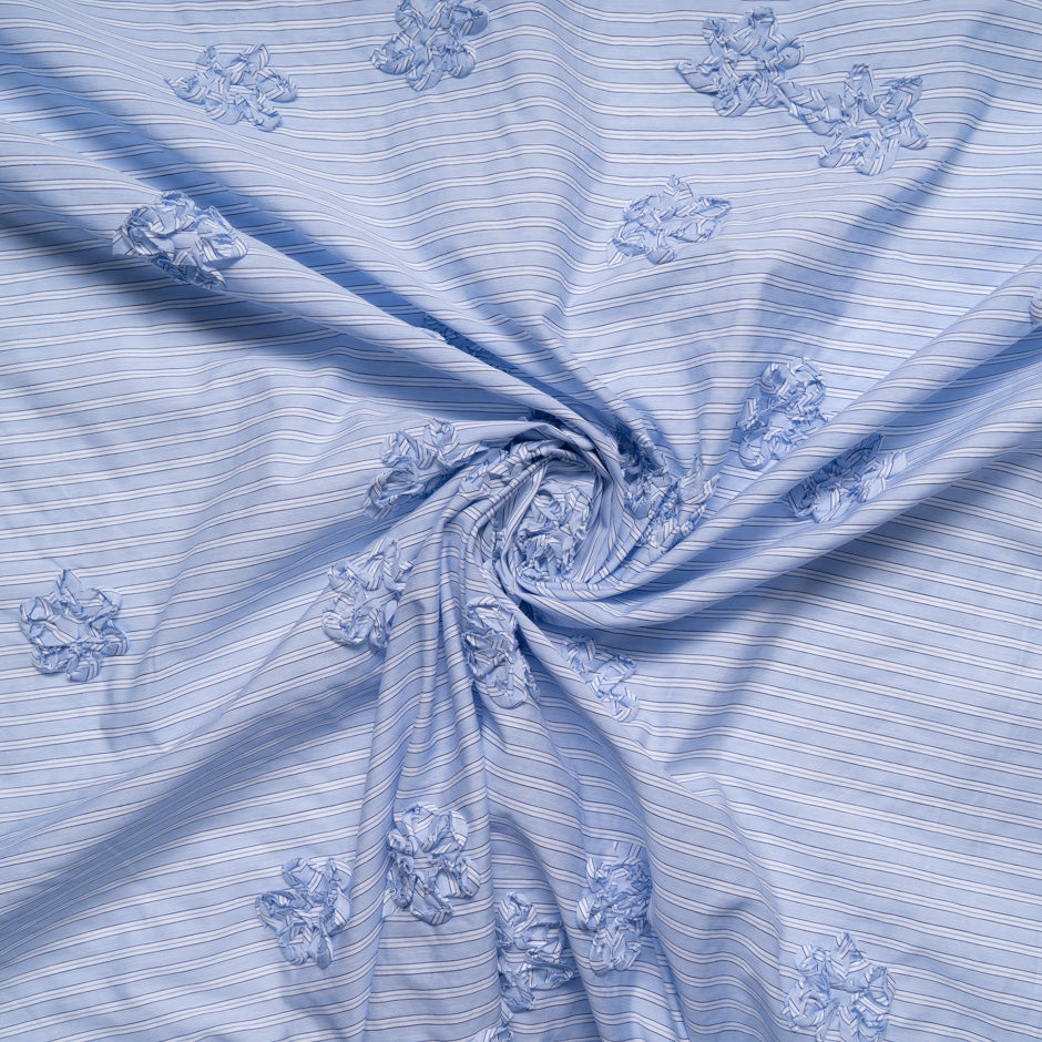 Blue & White Striped Embroidered Cotton