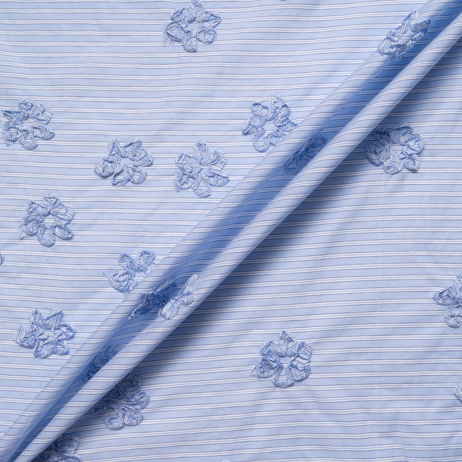 Blue & White Striped Embroidered Cotton