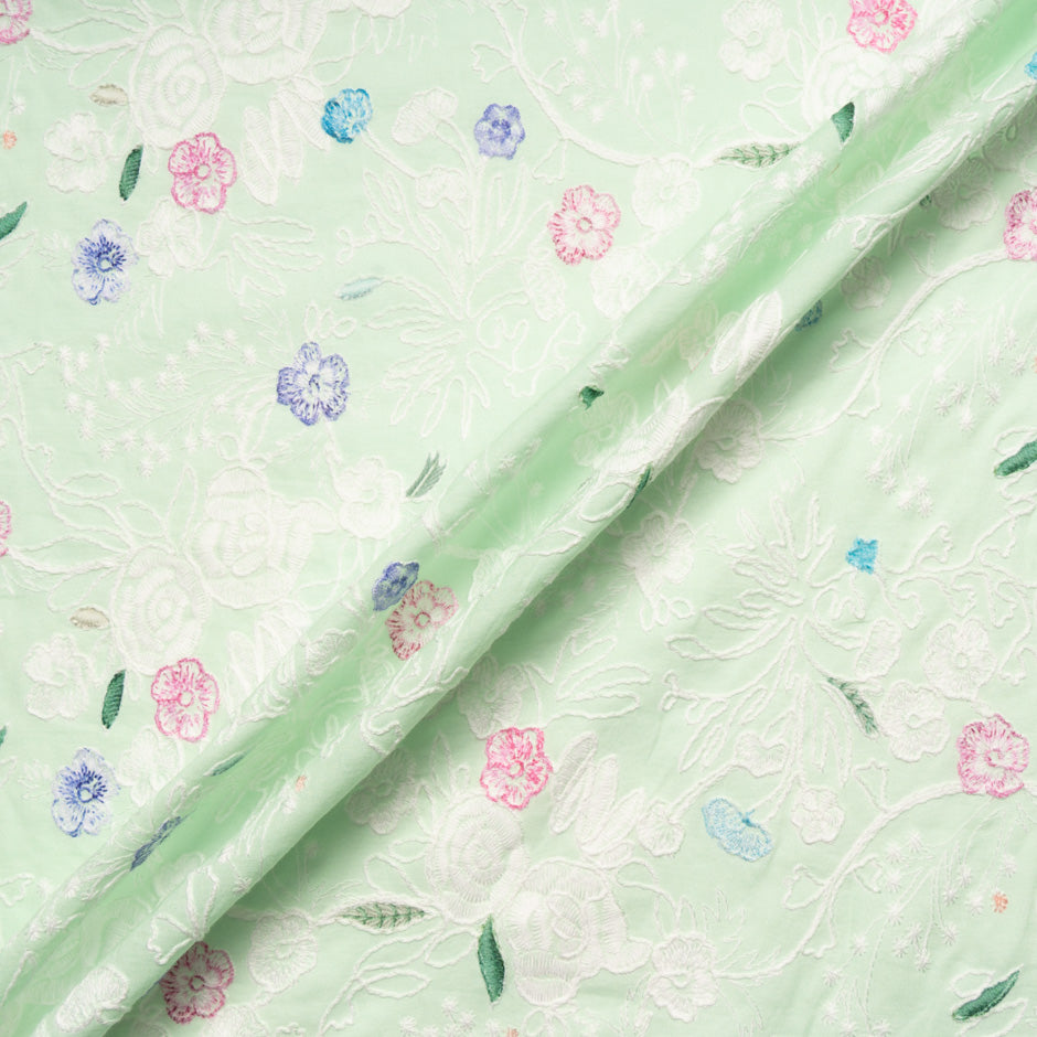 Multi Floral Embroidered Soft Green Cotton