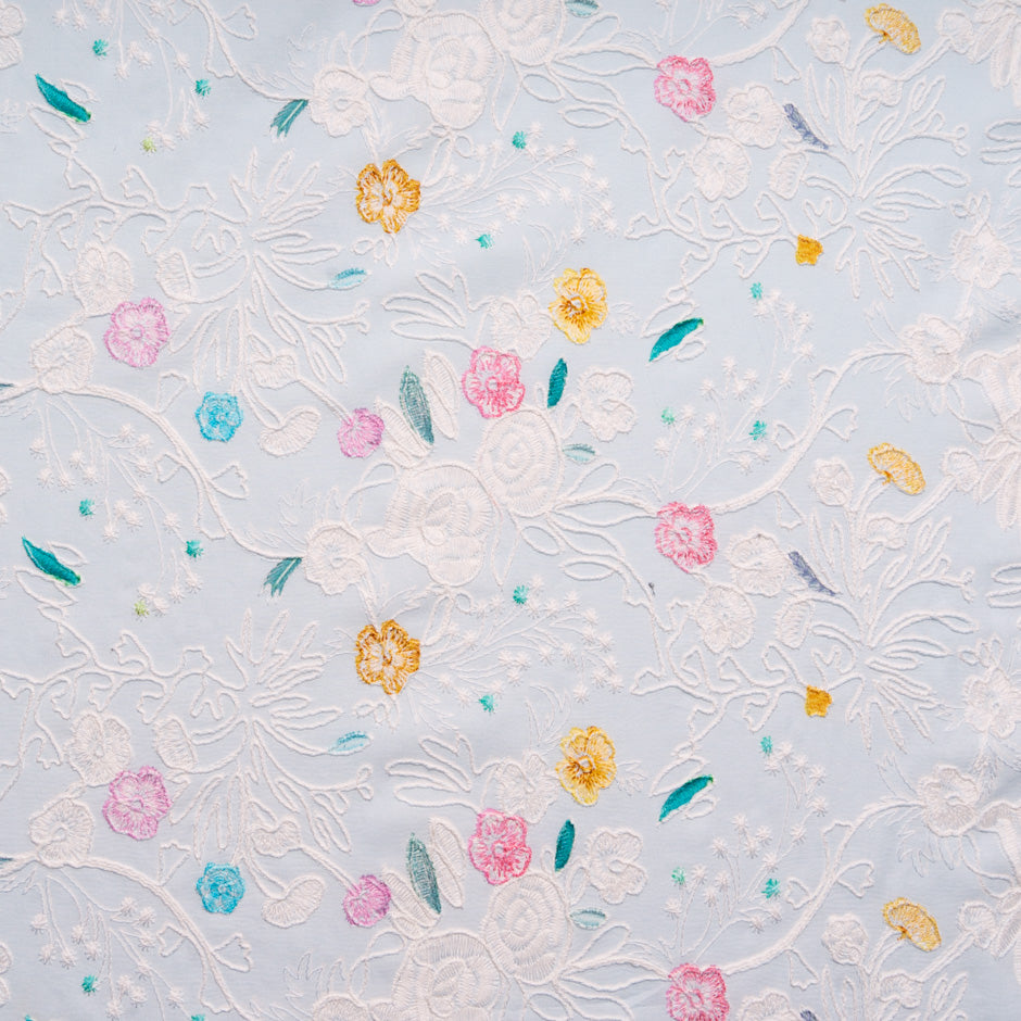 Multi Floral Embroidered Pale Blue Cotton