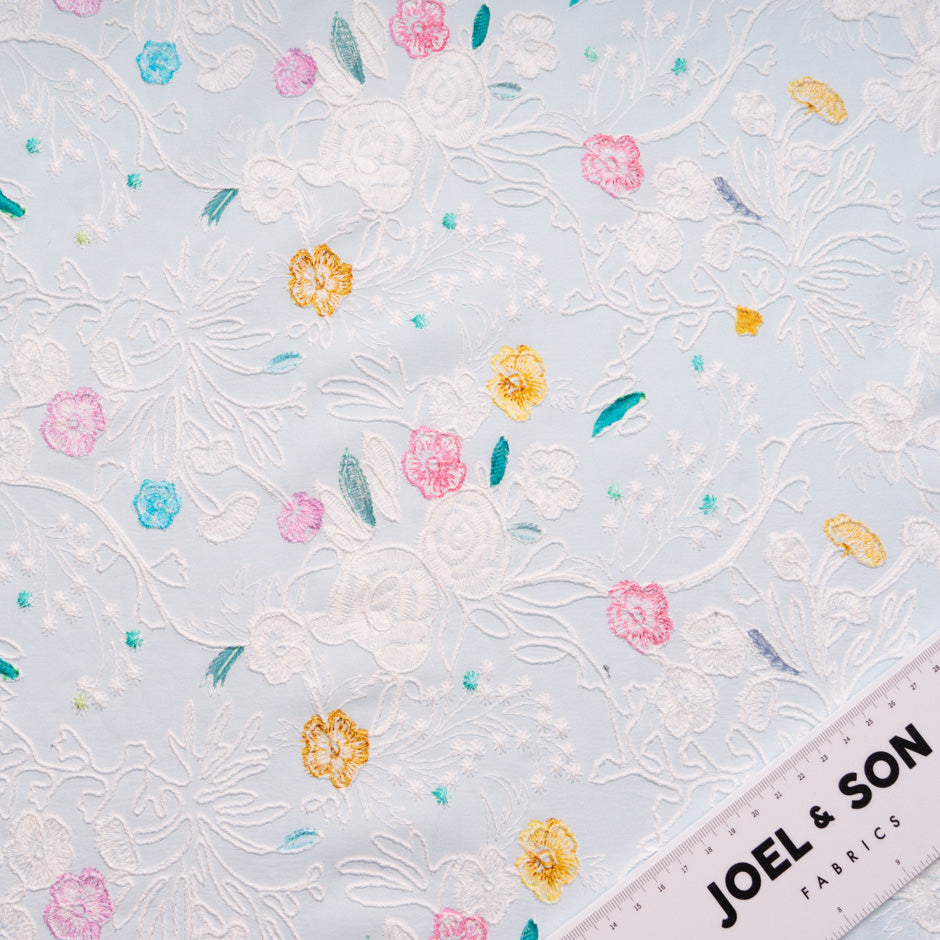 Multi Floral Embroidered Pale Blue Cotton