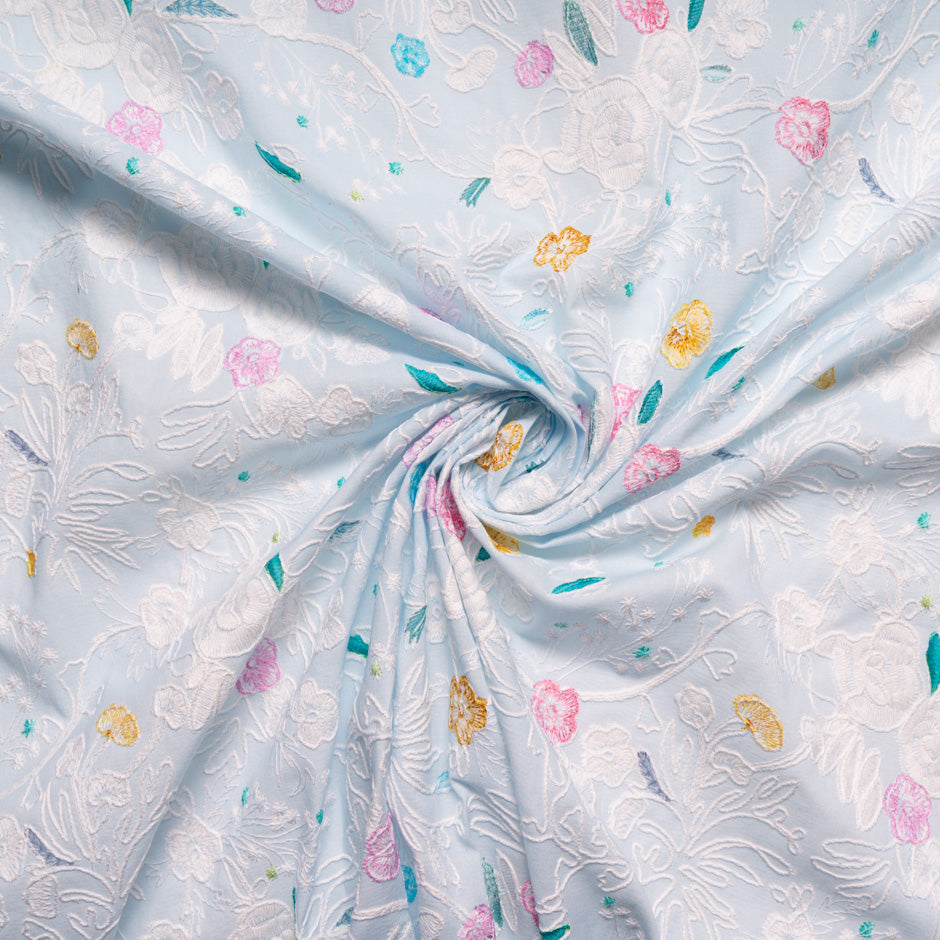 Multi Floral Embroidered Pale Blue Cotton