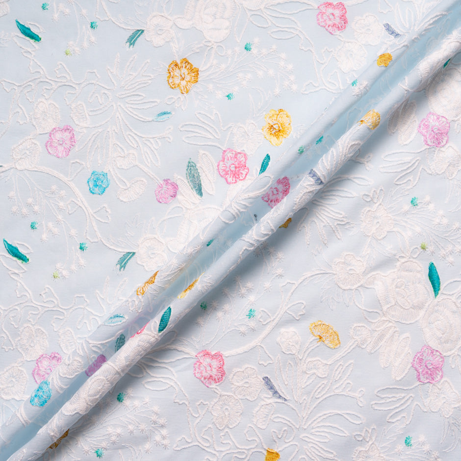 Multi Floral Embroidered Pale Blue Cotton