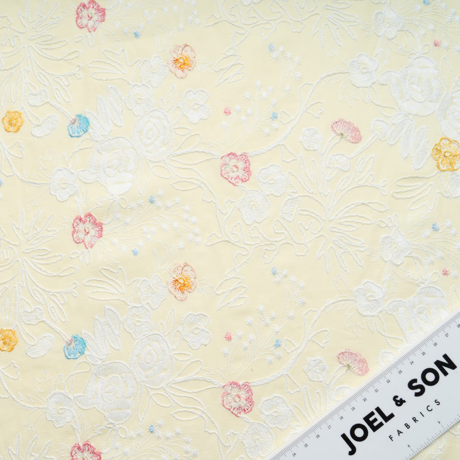 Multi Floral Embroidered Soft Yellow Cotton