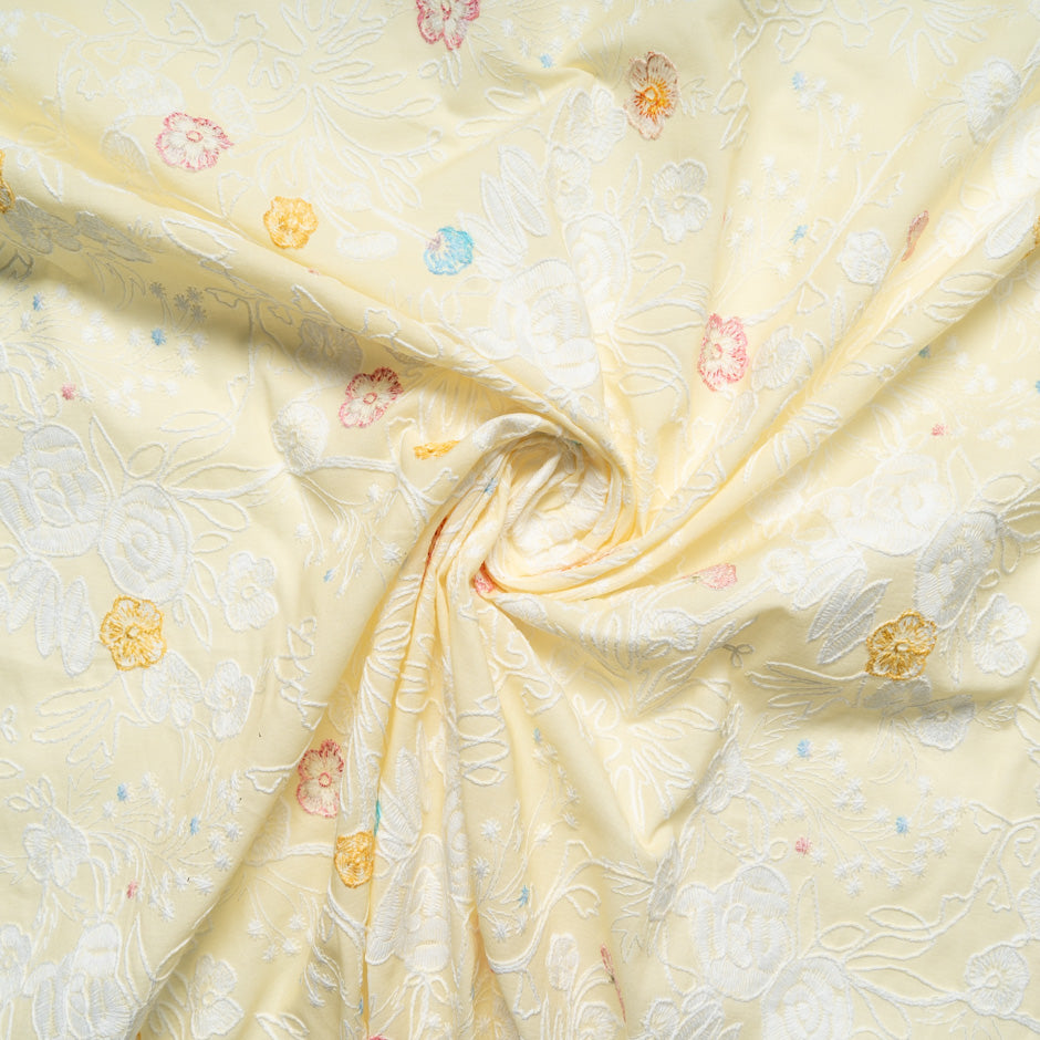 Multi Floral Embroidered Soft Yellow Cotton