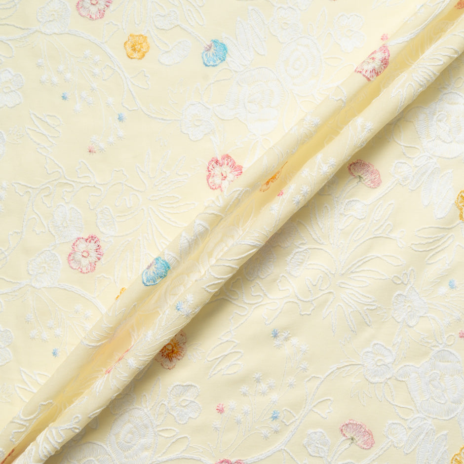 Multi Floral Embroidered Soft Yellow Cotton