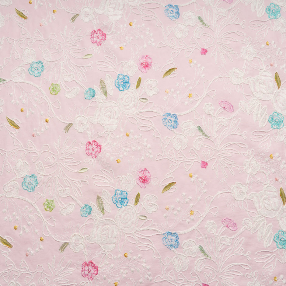 Multi Floral Embroidered Baby Pink Cotton