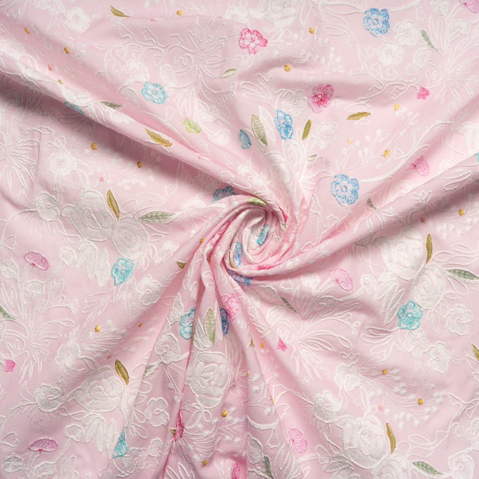 Multi Floral Embroidered Baby Pink Cotton