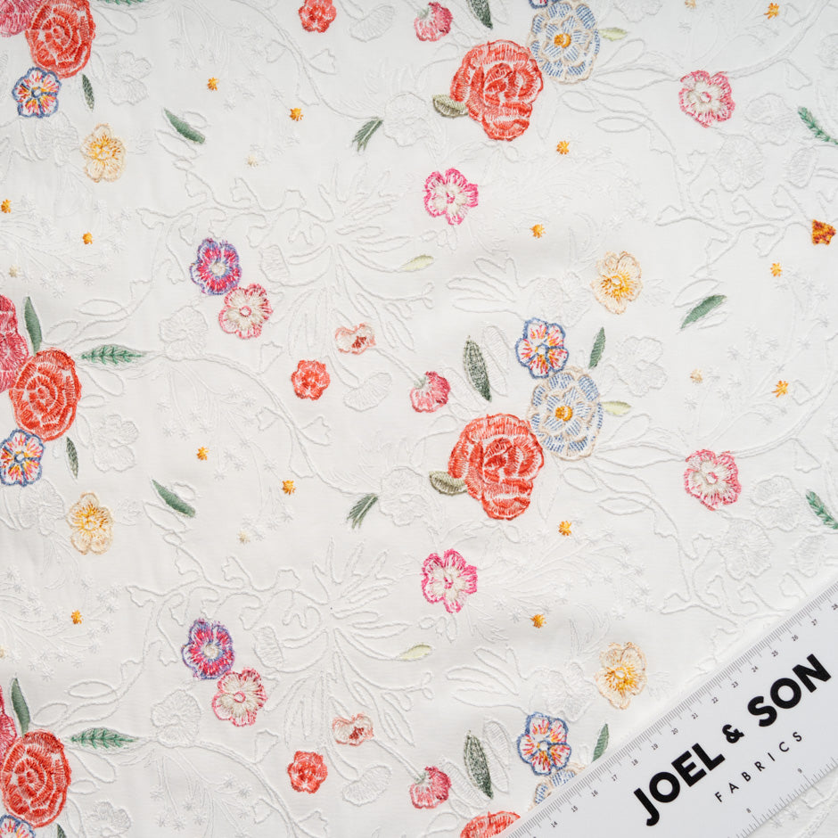 Multi Floral Embroidered Ivory Cotton