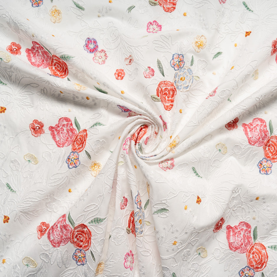 Multi Floral Embroidered Ivory Cotton
