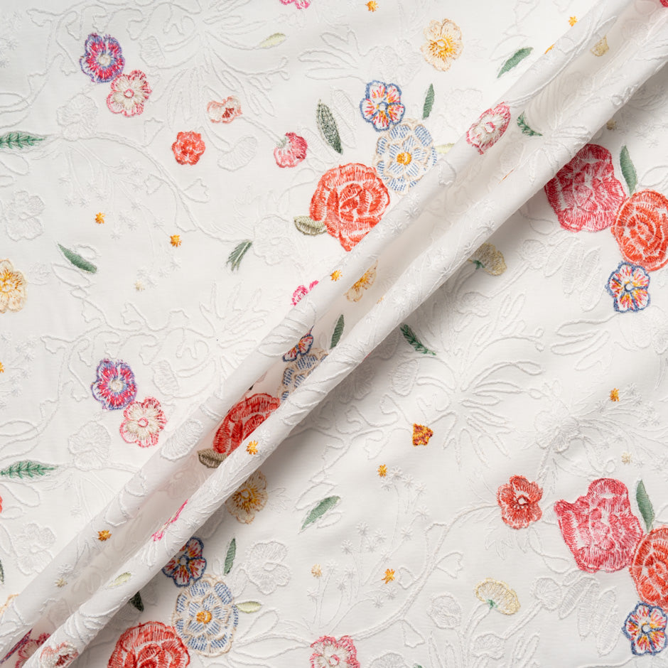 Multi Floral Embroidered Ivory Cotton