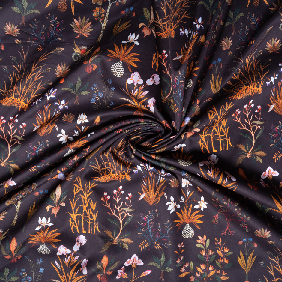 Orange Floral Printed Brown Cotton