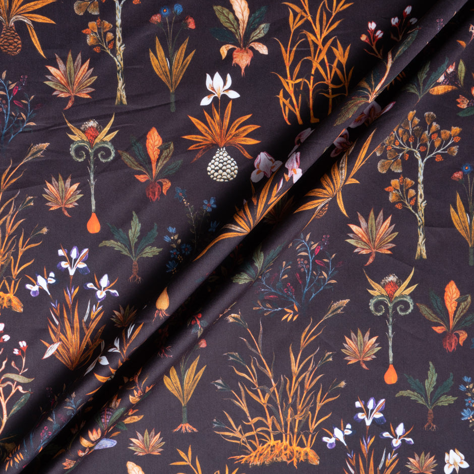 Orange Floral Printed Brown Cotton