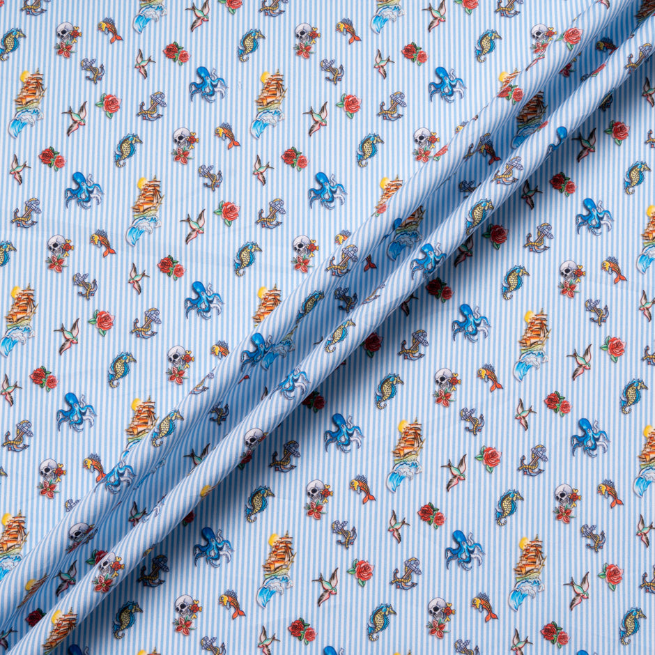 Object Printed Light Blue Striped Pure Cotton