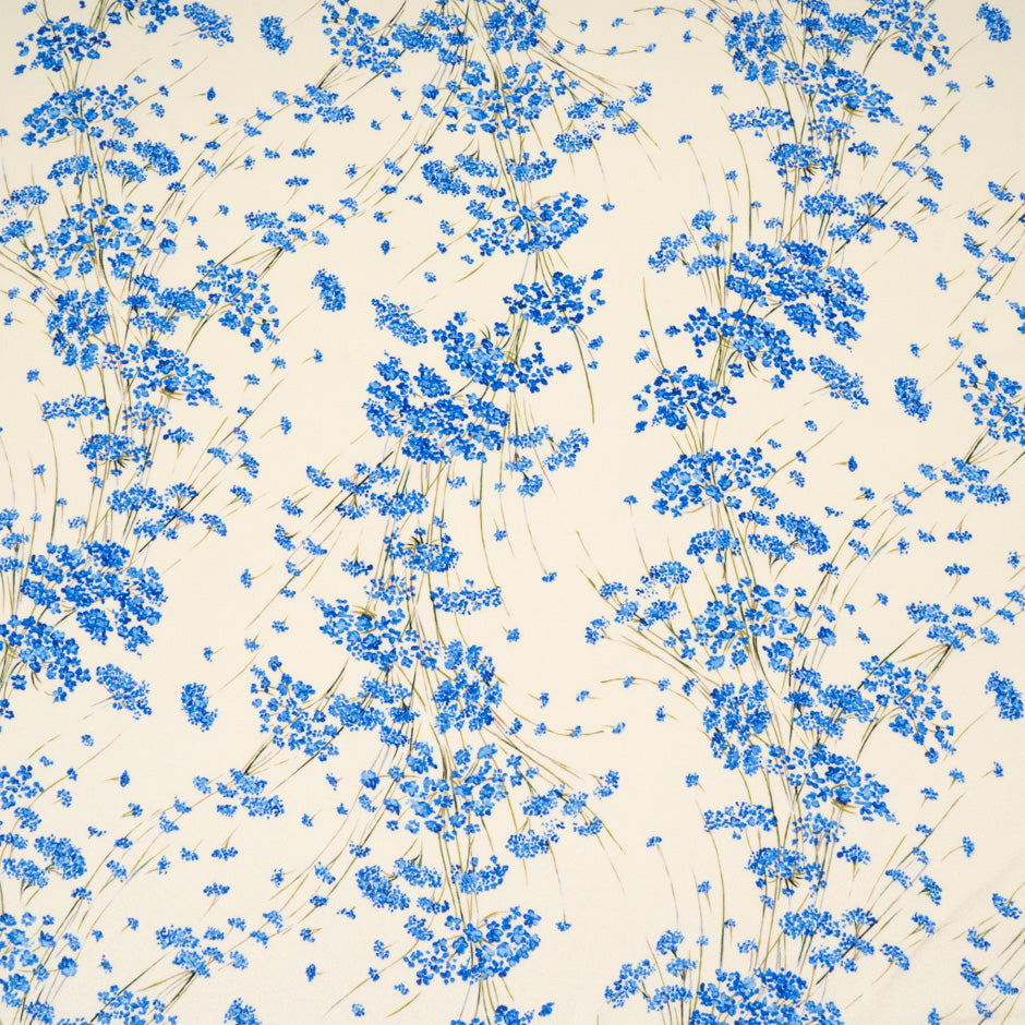 Blue Wild Floral Printed Cream Pure Silk Crêpe