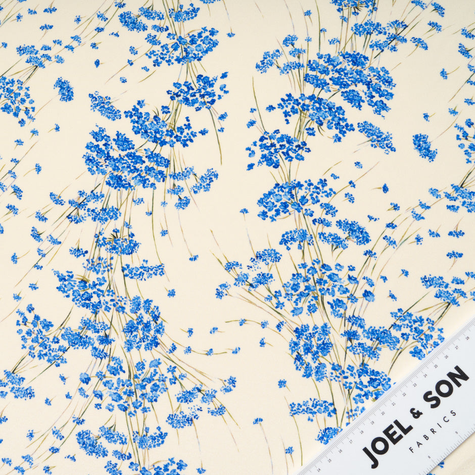 Blue Wild Floral Printed Cream Pure Silk Crêpe