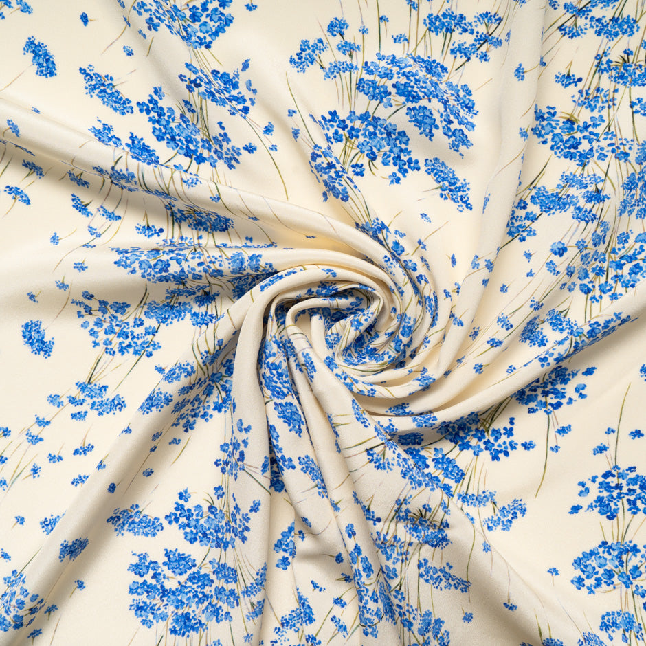 Blue Wild Floral Printed Cream Pure Silk Crêpe