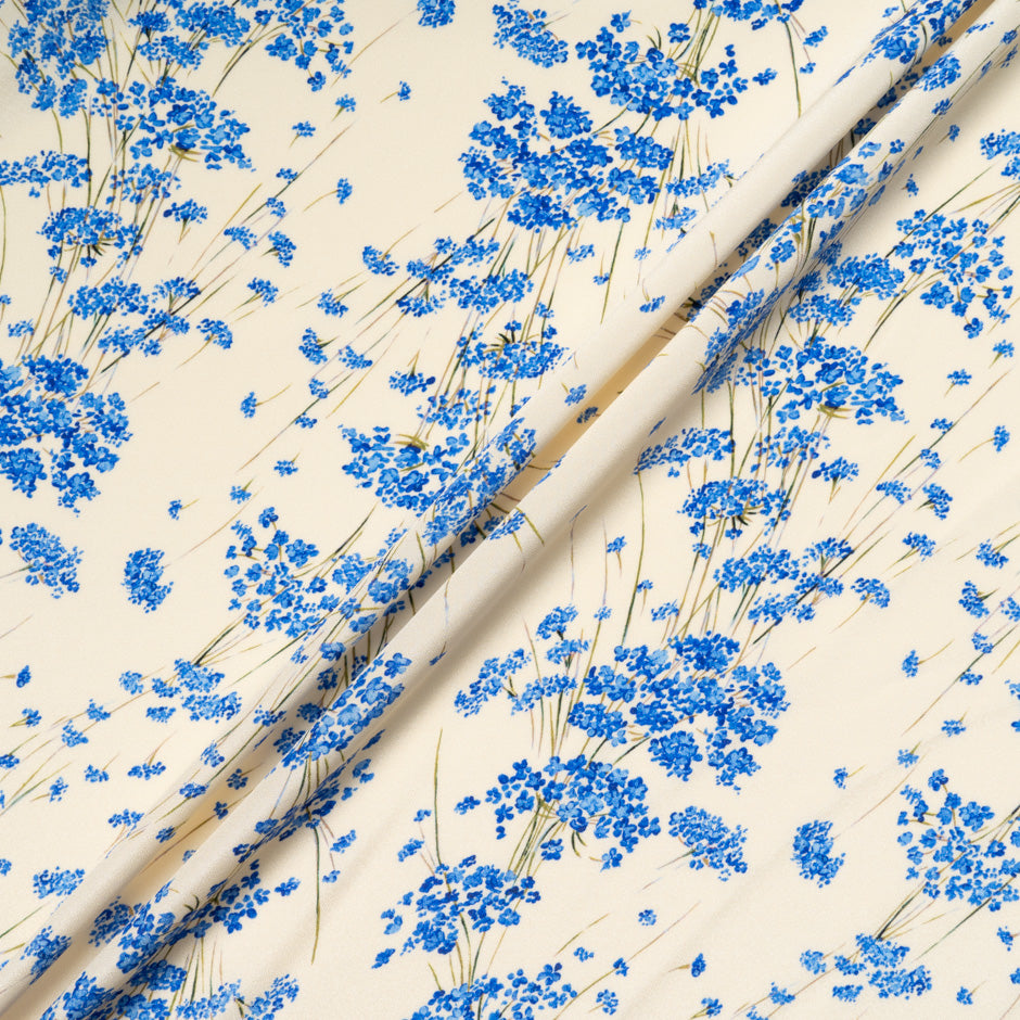 Blue Wild Floral Printed Cream Pure Silk Crêpe