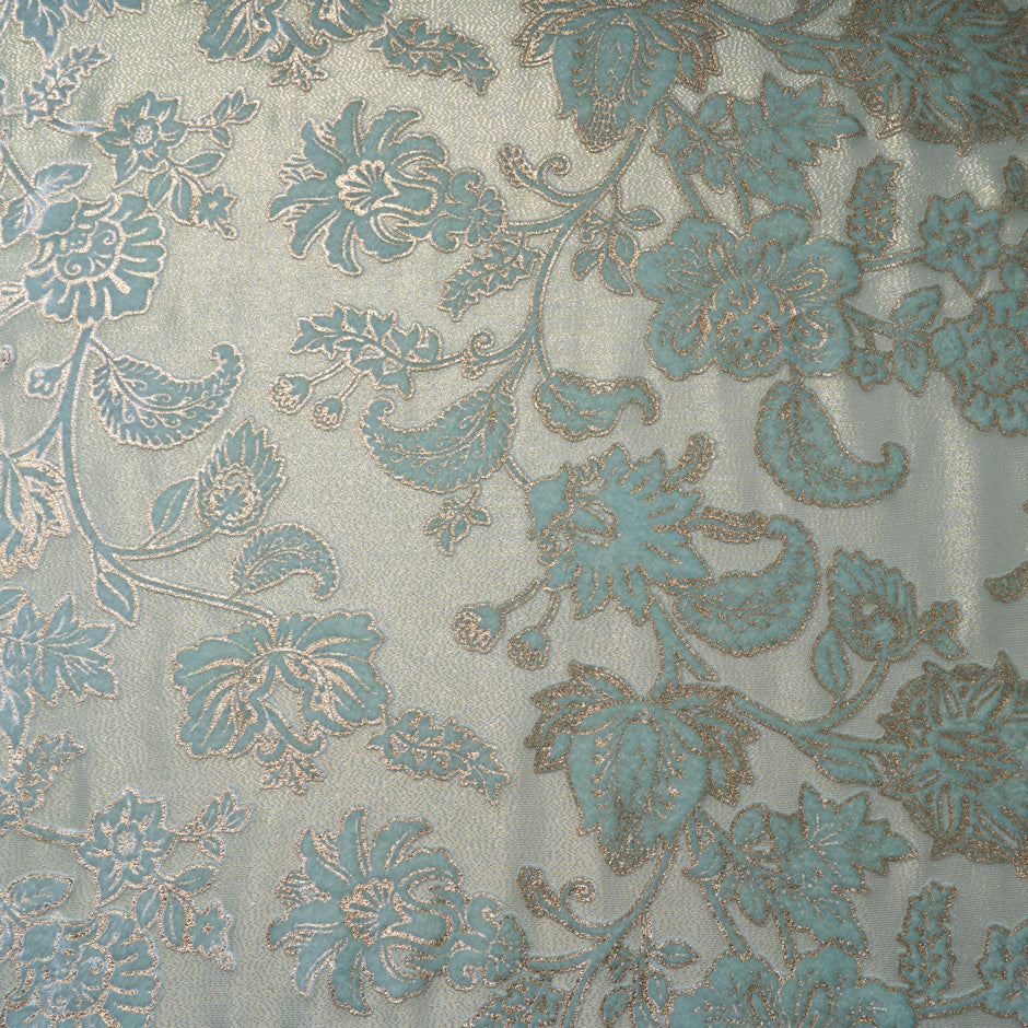 Blue & Gold Laminated Floral Devoré Velvet