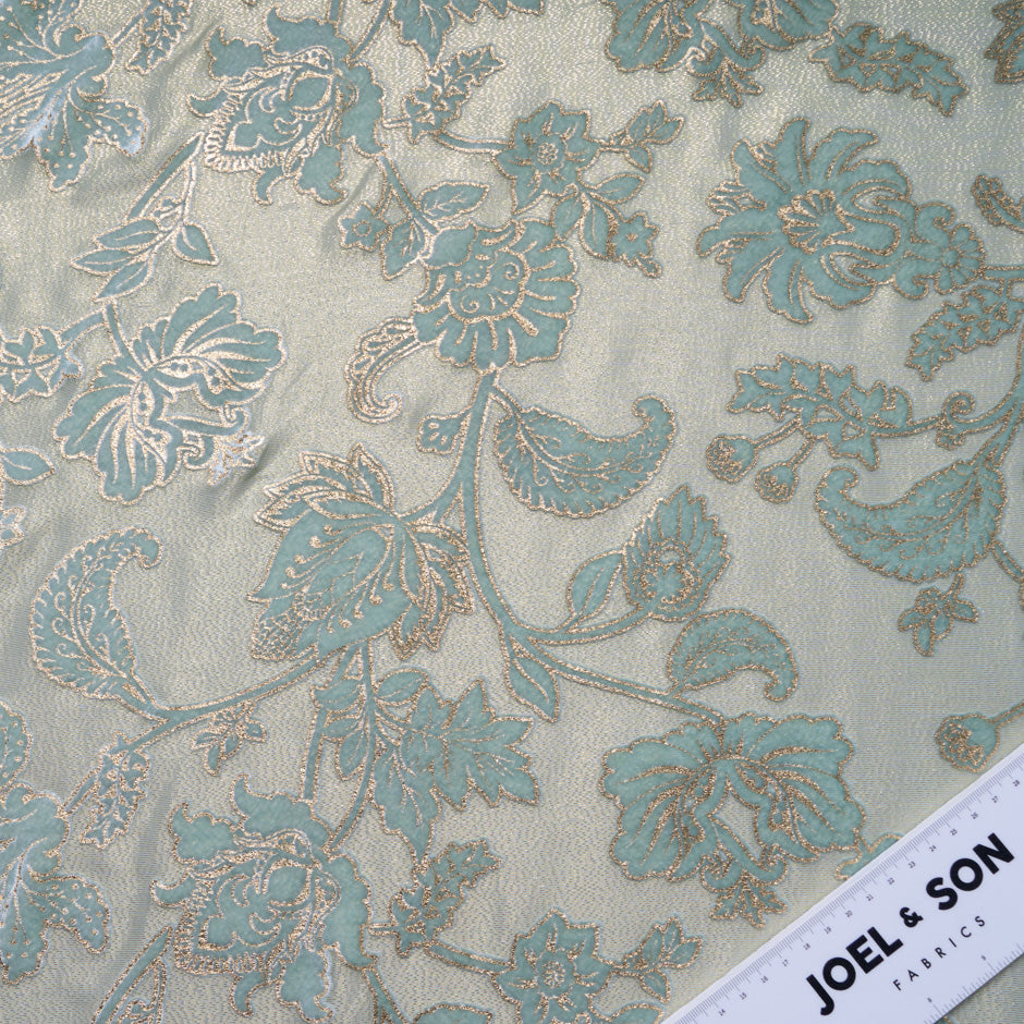 Blue & Gold Laminated Floral Devoré Velvet