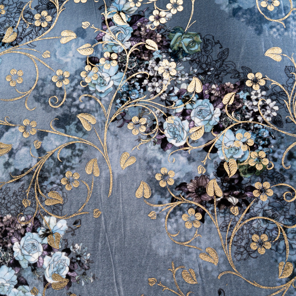 Floral Printed & Laminated Grey Devoré Velvet