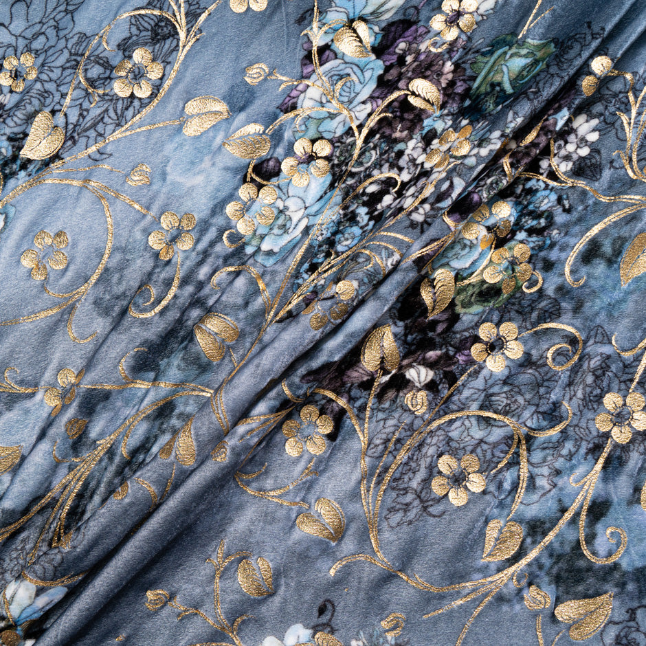 Floral Printed & Laminated Grey Devoré Velvet