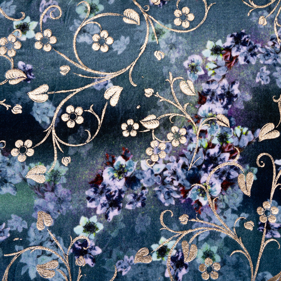 Floral Printed & Laminated Blue Devoré Velvet