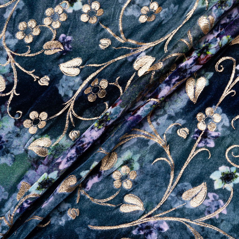 Floral Printed & Laminated Blue Devoré Velvet
