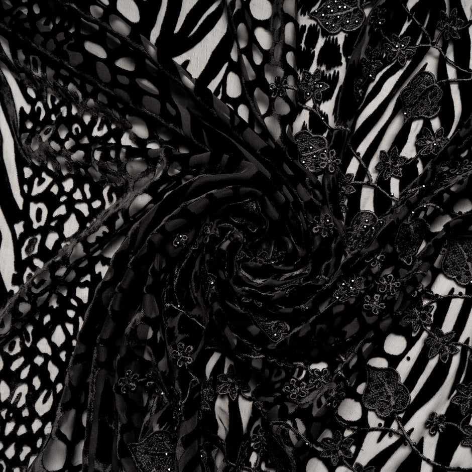Black 'Animal' Devoré Velvet with Embroidery