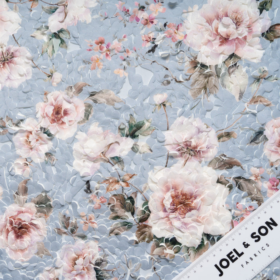 Printed 3D Floral Microfibre Embroidered Tulle