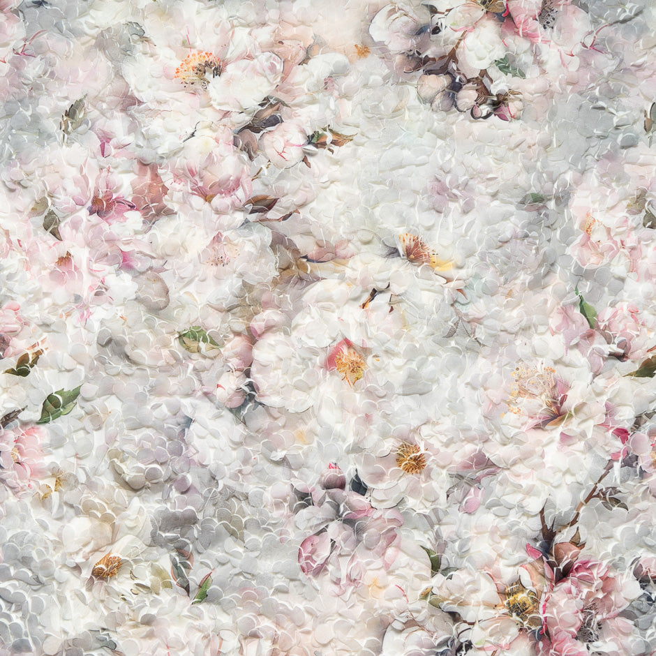 Pale Floral Printed 3D Microfibre Embroidered Tulle