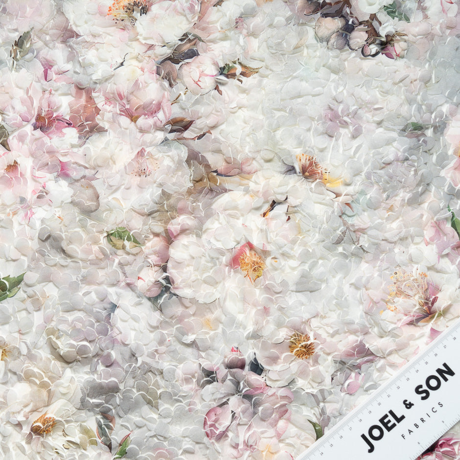 Pale Floral Printed 3D Microfibre Embroidered Tulle