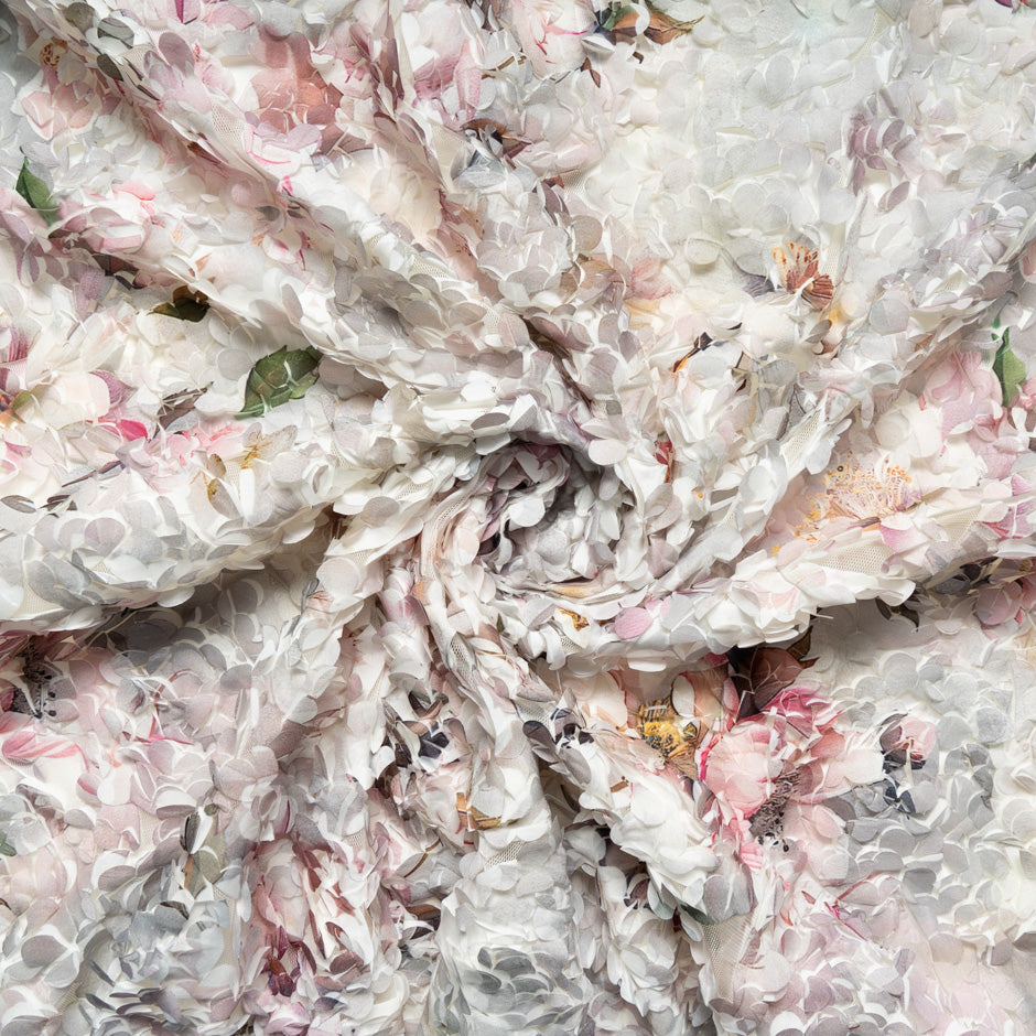 Pale Floral Printed 3D Microfibre Embroidered Tulle
