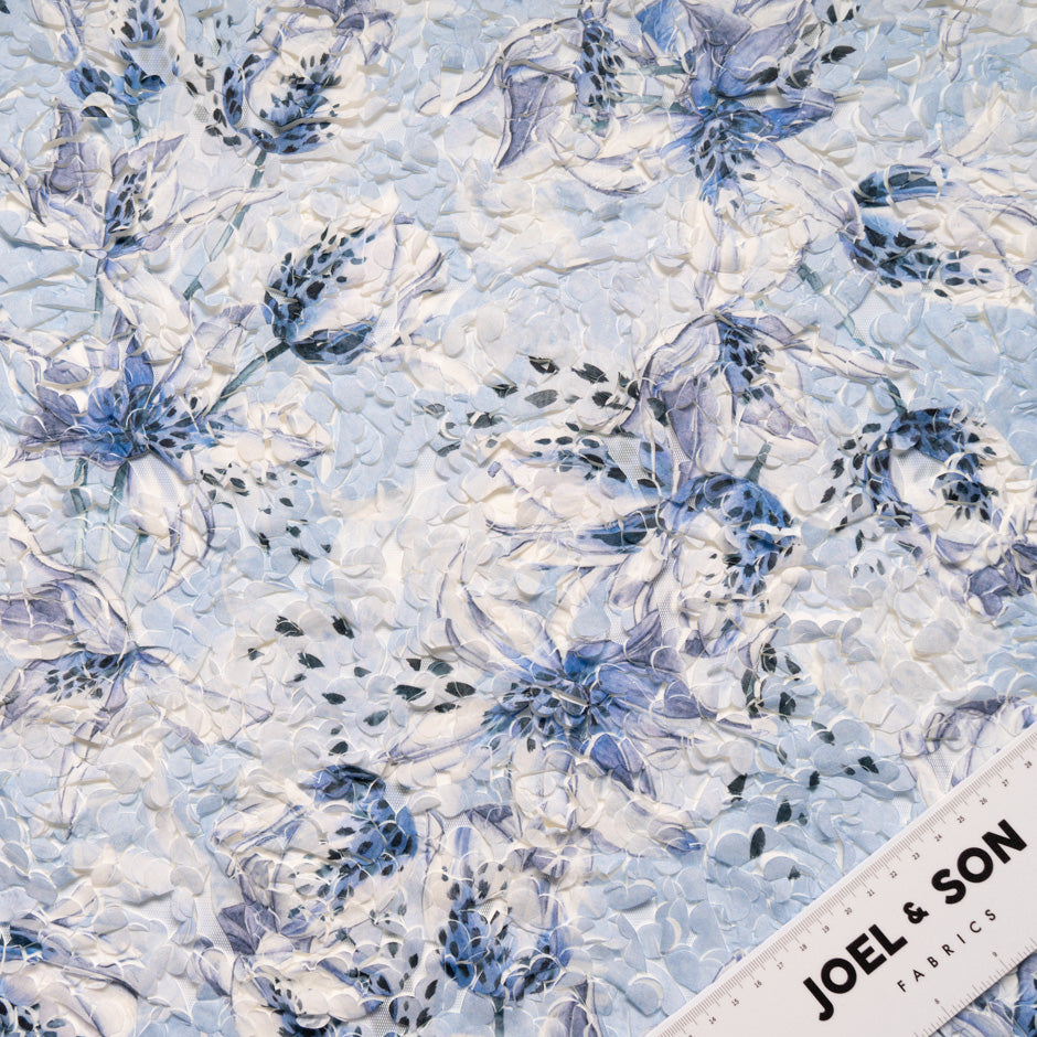 Blue Printed 3D Floral Microfibre Embroidered Tulle
