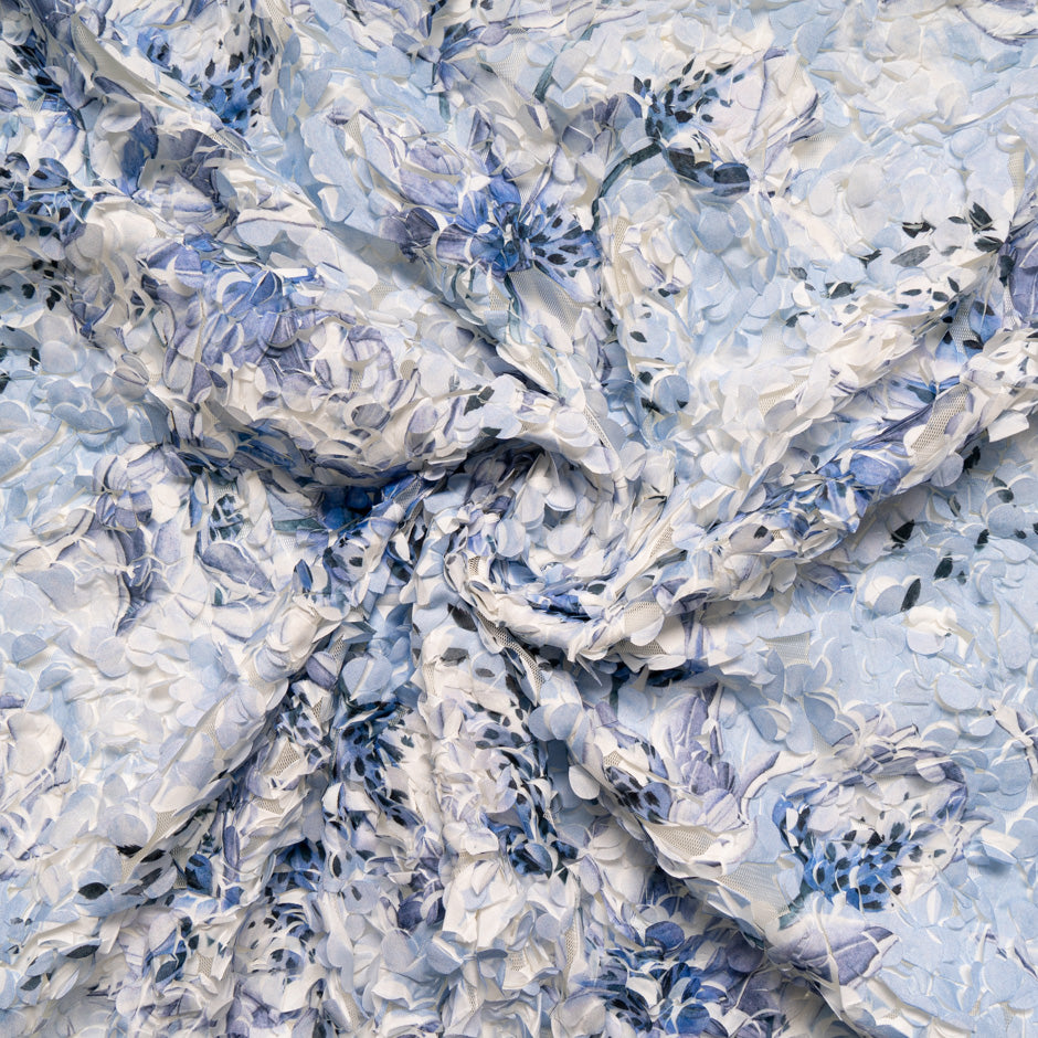 Blue Printed 3D Floral Microfibre Embroidered Tulle